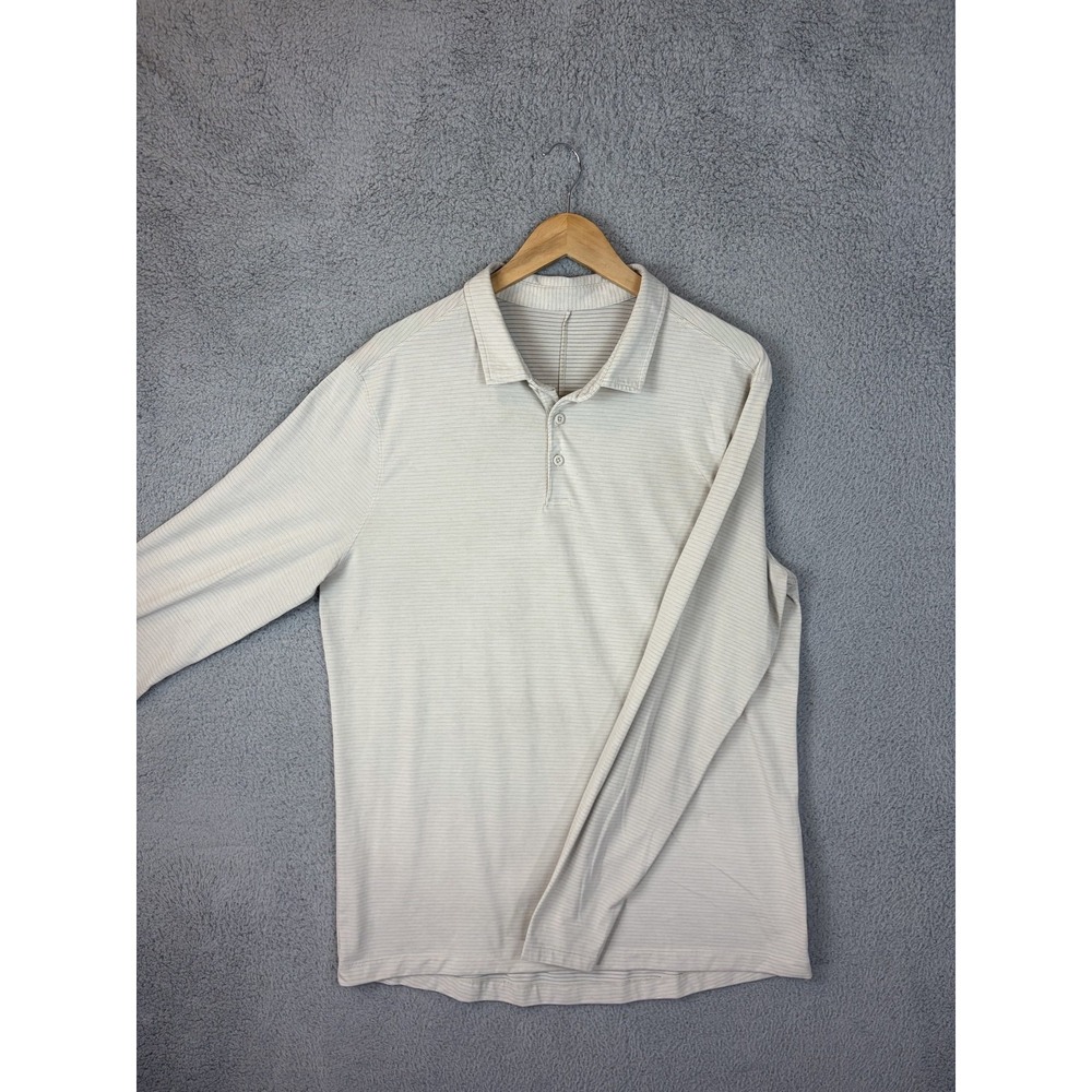 Lululemon Athletica Mens XL White Striped Long Sleeve Jersey Polo Shirt